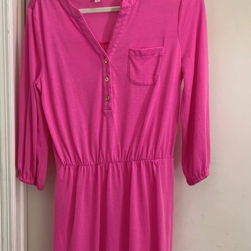 Lilly Pulitzer Pink Dress Chest Pocket Medium M Excellent Gold Tone Buttons RARE